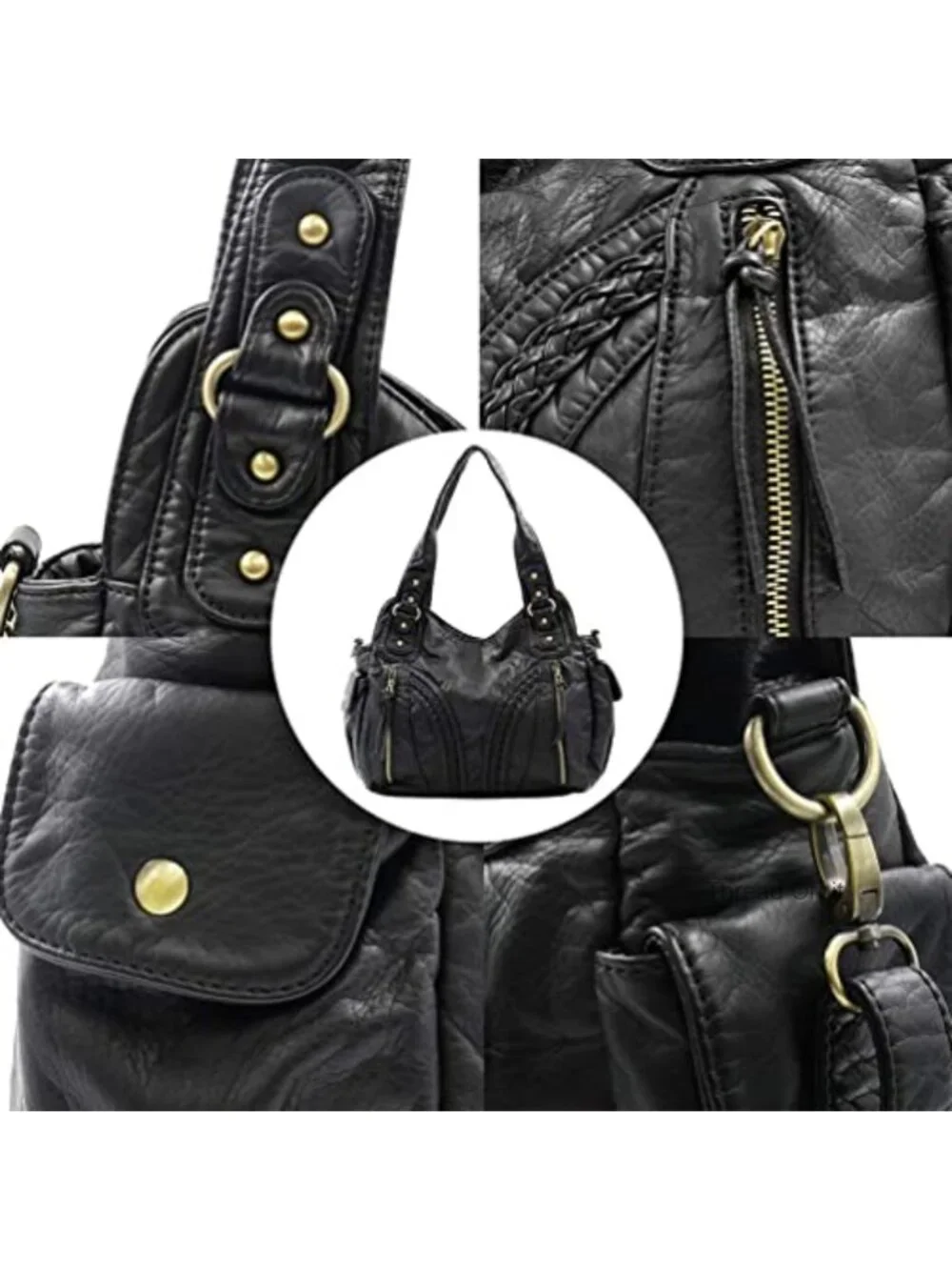 Roomy Washed Leather Hobo Bag with Crossbody Strap